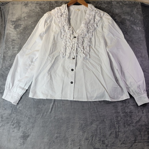 Tops - POL White Ruffle Front‎ Button Up Blouse Womens M Cottagecore Romantic Vintage